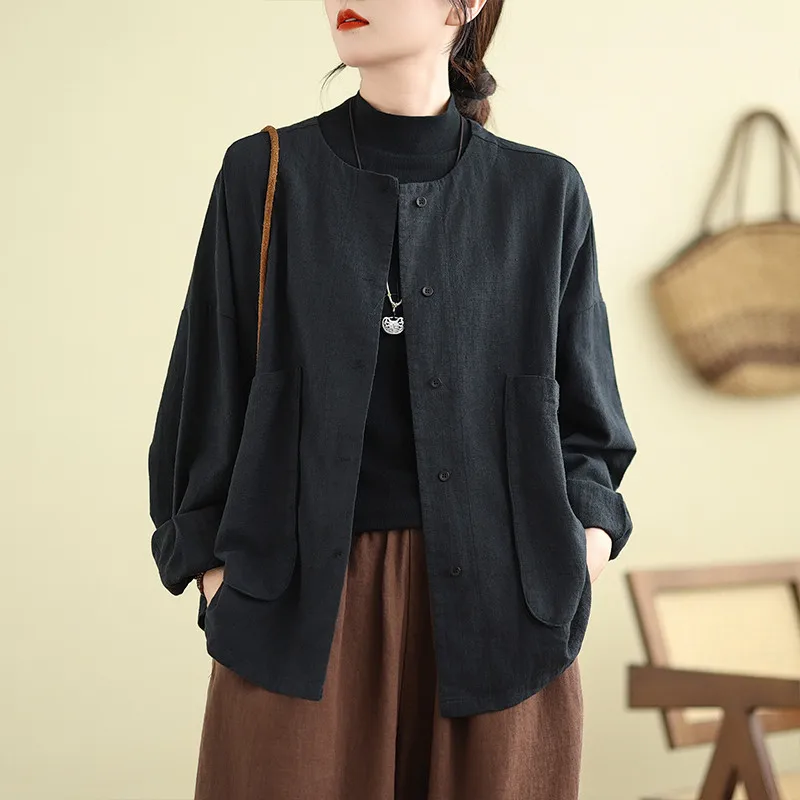Women Black Mandarin Collar Loose Single Breasted Casual Shirt with Pockets Lightweight Linen Blend Spring Autumn Daily Wear