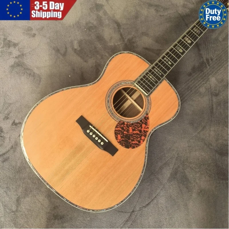 Deutsches Lager OM45 Rotkiefer-Akustikgitarre mit Ebenholz-Griffbrett, 6-Saiter, Goldene Mechaniken