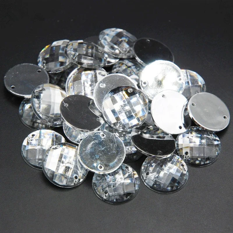 Clear Crystal Acrylic Flat Back Round Grids Shape Acrylic Rhinestone Sew On 2 Hole Beads For Wedding Dress Garment Bag 6mm-18mm
