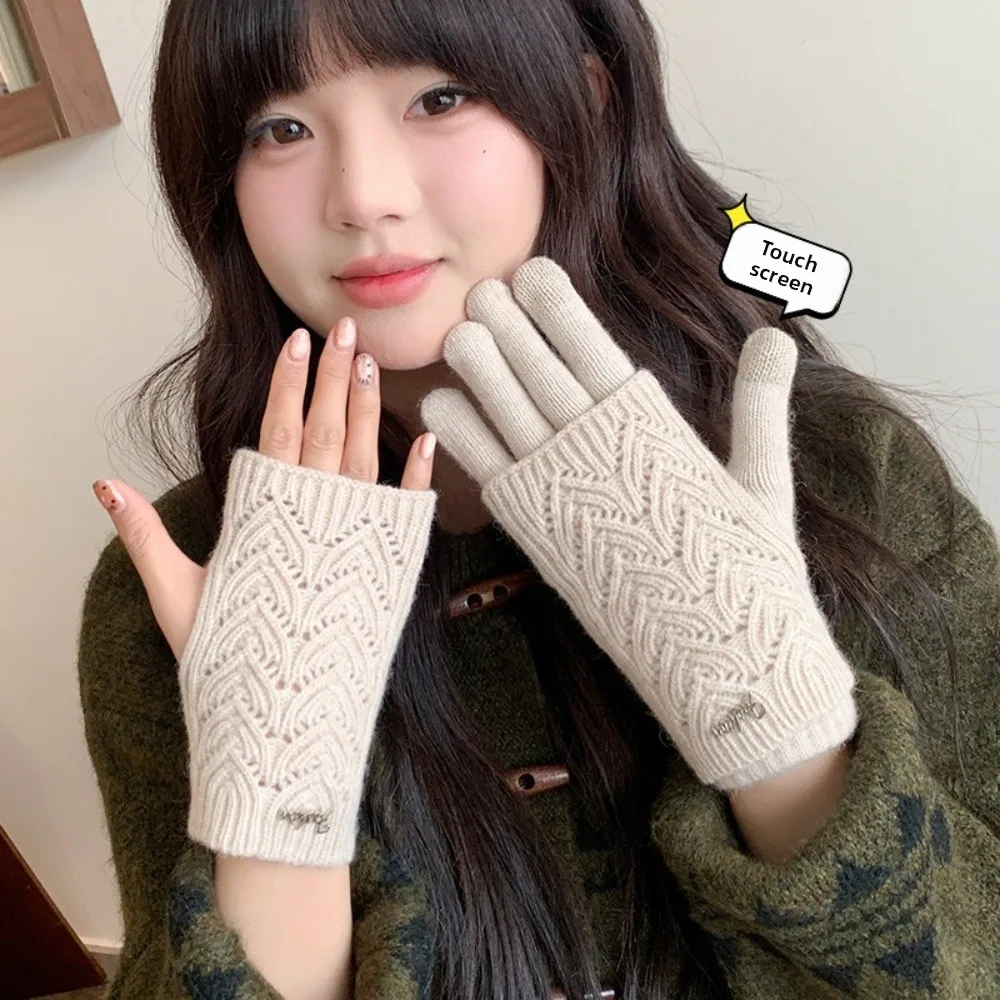 Kawaii Dual-purpose Knitted Gloves Keep Warm Touch Screen Five-finger Mittens Thickened Cold-proof Cycling Gloves Outdoor