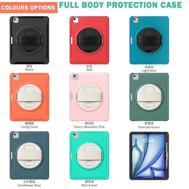 For IPad Mini 7 Pro 11 12.9 13 inch M4 Air 6 5 4 10.9 Tablet Case 360 Rotation Hand Strap Stand Shockproof PC Rugged Cover Funda