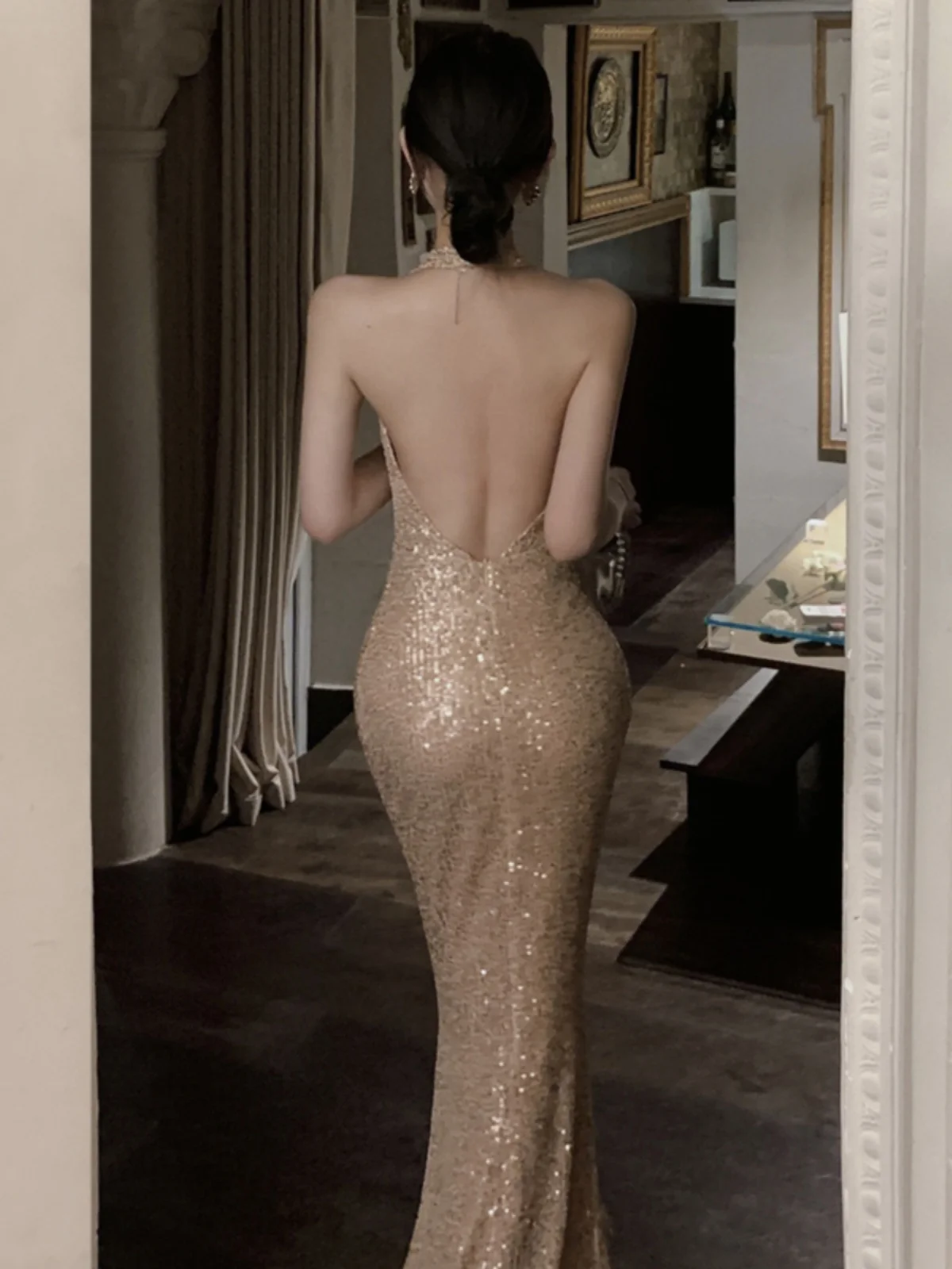 E Vestido de Noche con Lentejuelas para Mujer, Sensación de Alta Gama, Traje de Fiesta, Vestido Largo hasta el Suelo, ...