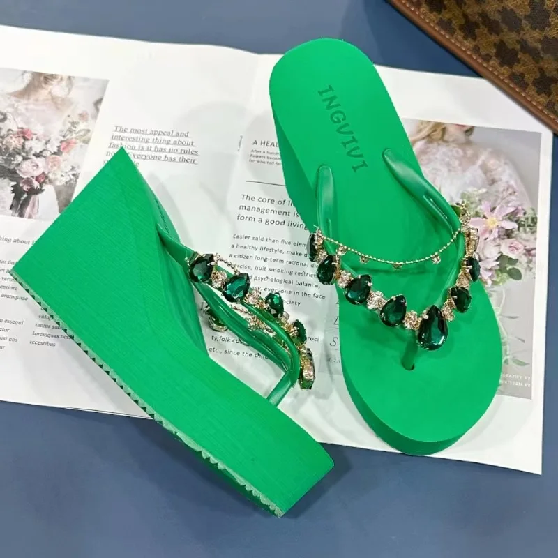 Fashion Platform Sandals Slippers Women High Heeled Summer Outdoor Indoor Casual 9cm Heels Wedges Crystal Sexy Women Flip Flops