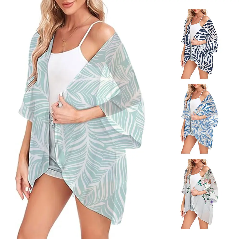 Elegancki szyfonowy strój kąpielowy peleryny kwiatowy Print Kimono Cover Up Cardigan Shirt Tops Fashion Casual Resort Wear strój kąpielowy bluzka