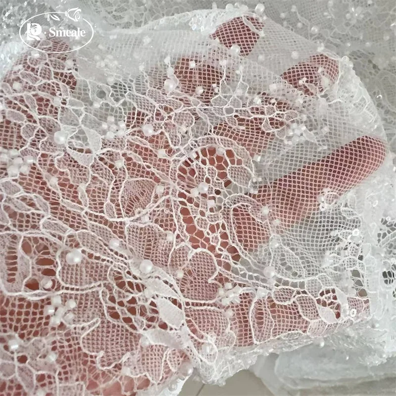 3M. Hochwertige Perlen, Glitzer-Pailletten, Braut-Hochzeitsstoff, Spitze. Baumwollstoffe zum Nähen von Spitzen, Textilien, nigerianische Spitzenstoffe. – Detail 7