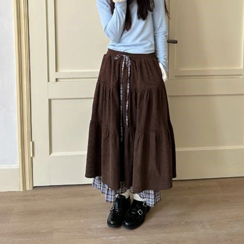Corduroy Vintage Long Skirt Japanese Preppy Plaid Patchwork High Waist Women Skirts Harajuku Retro Loose Casual Sweet Cake Skirt