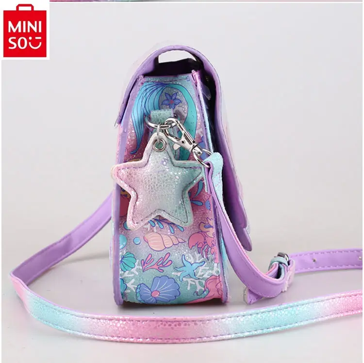 MINISO Disney sequin mermaid print crossbody bag with large capacity, lightweight and fashionable backpack for students