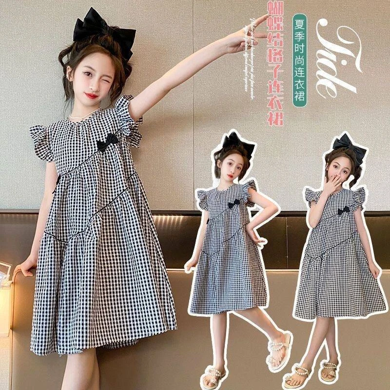 

Girls' Dress2026New stylish plaid dress for girls, children's thin princess dress with flutter sleeves for older kids