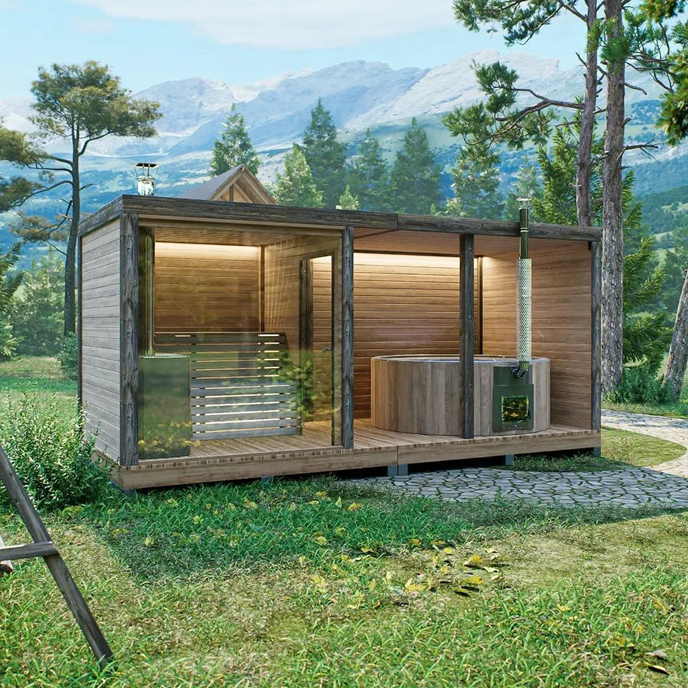 Outdoor SaunaRemovable Parts & Waterproof Surfaces Wooden Outdoor Steam Sauna Wood Fired Stove 6 Persons Sauna And Hot Tub Combo