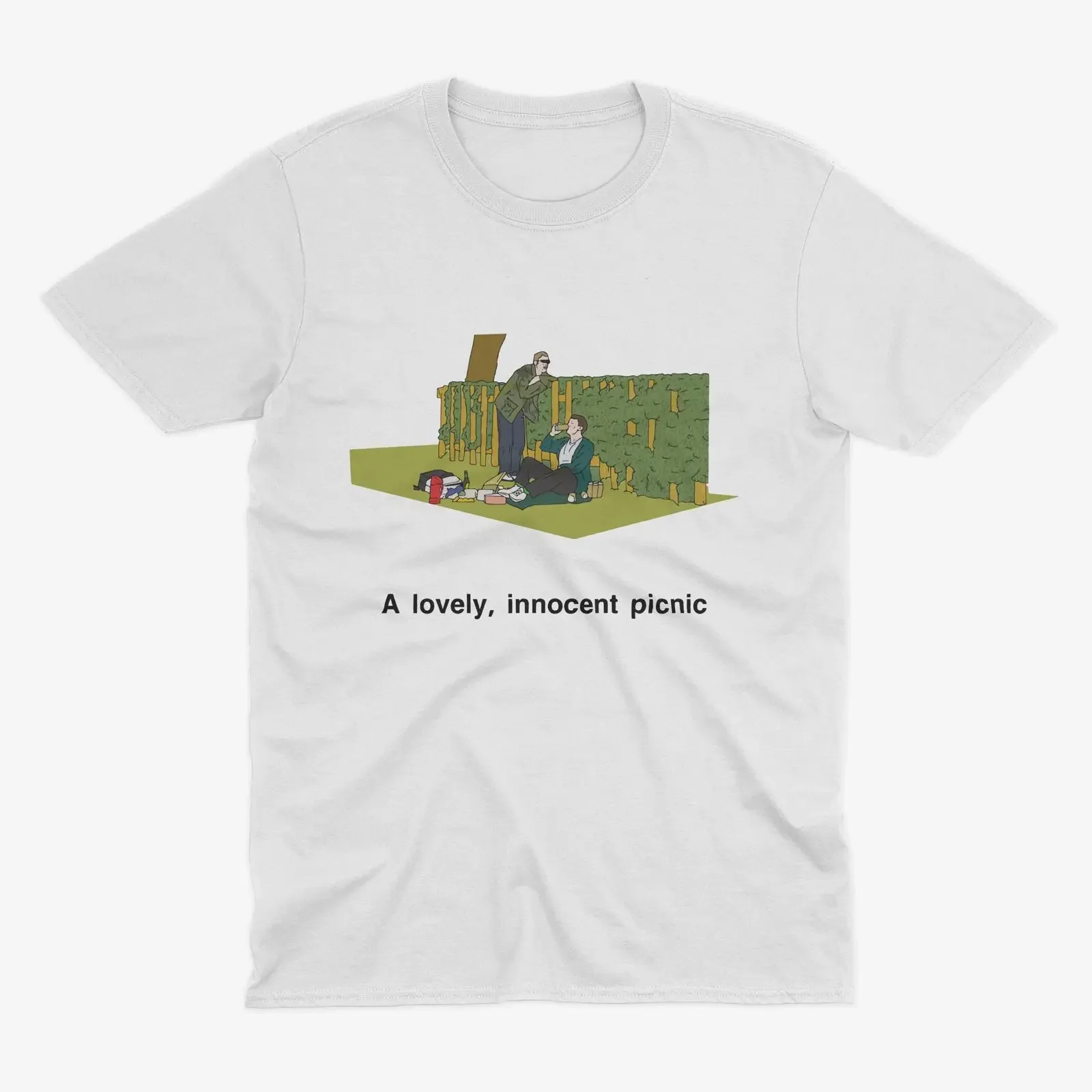A Lovely Innocent Picnic Funny Meme T shirt White Casual  for TV Show Fans vintage Washed Stretched Soft designer clothes