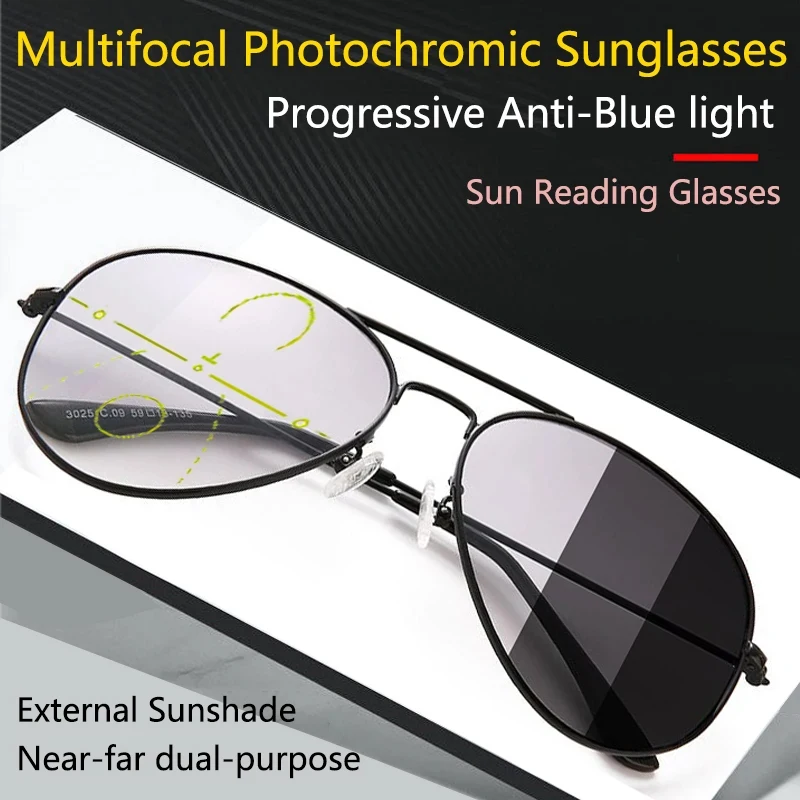 2026 Progressive Photochromic Sun Reading Glasses Men Multi-Focus Anti-Blue Light Driving Sun Reading Glasses Full frame 1.5