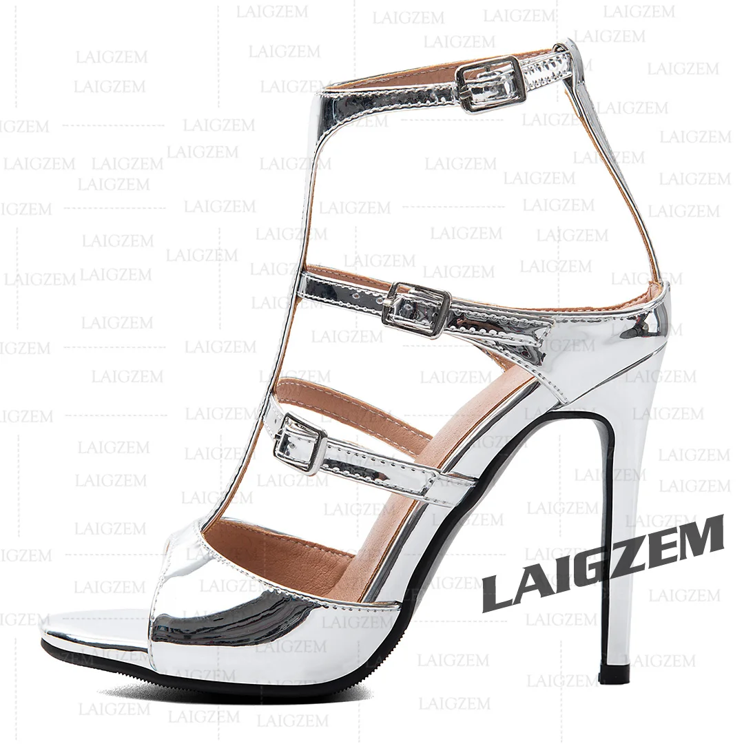 LAIGZEM Women Sandals Peep Toe Thin High Heels Pumps Ankle Strap Bowtie Ladies Handmade Shoes Woman Large Size 39 42 45 52