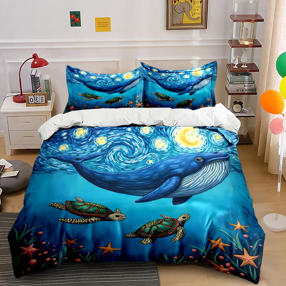 Whale turtles starfish underwater Print Bedding Set 1 Duvet Cover 2 Pillowcases for Adult and Children Luxury Gift Full Size