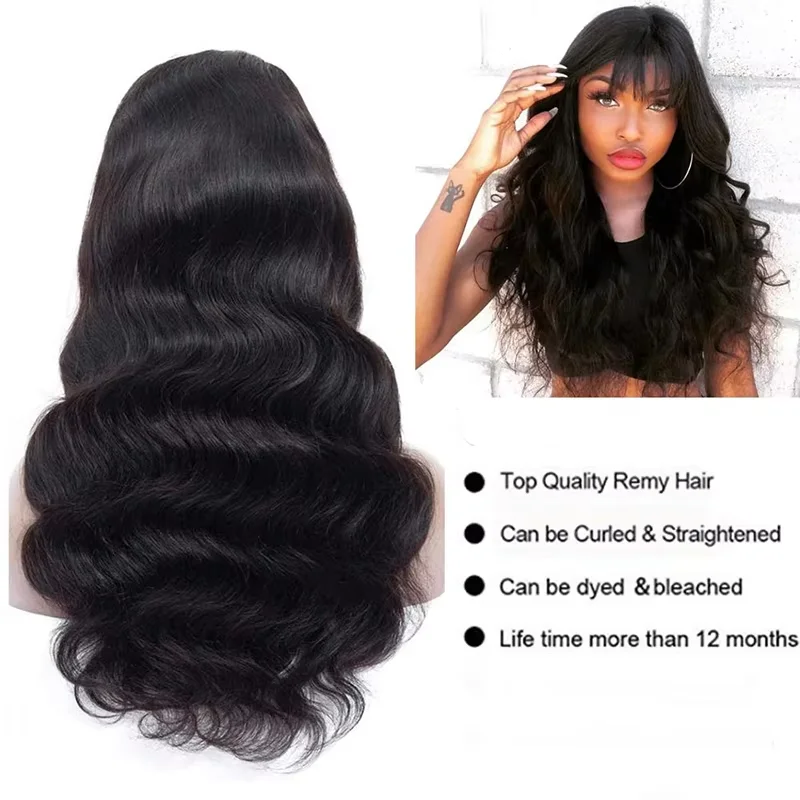 Vietnamese Hair Wig Double Drawn Glueless Wear and Go Human Hair Wig With Bang Mongolian Fringe Body Wave 4x6 Lace Closure Wigs