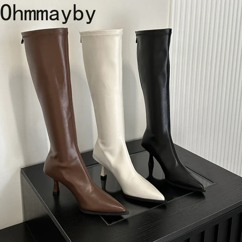 Soft Leather Pointed Toe Knee High Boots High Heels Zipper Women Pumps Ladies Long Stretch Modern Boots