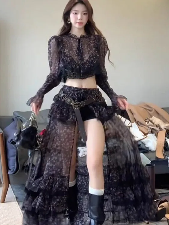 

Retro Lace Floral Short Top Women's High Waist Skirt Set Spring Summer Autumn Breathable Lightweight Comfortable Fashion Set