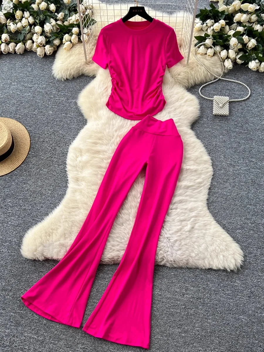 

Foamlina Round Neck Short Sleeve T-Shirt & High Waist Bodycon Pants Women Summer Fashion Designer Pleated Slim Fit Yoga Long Set