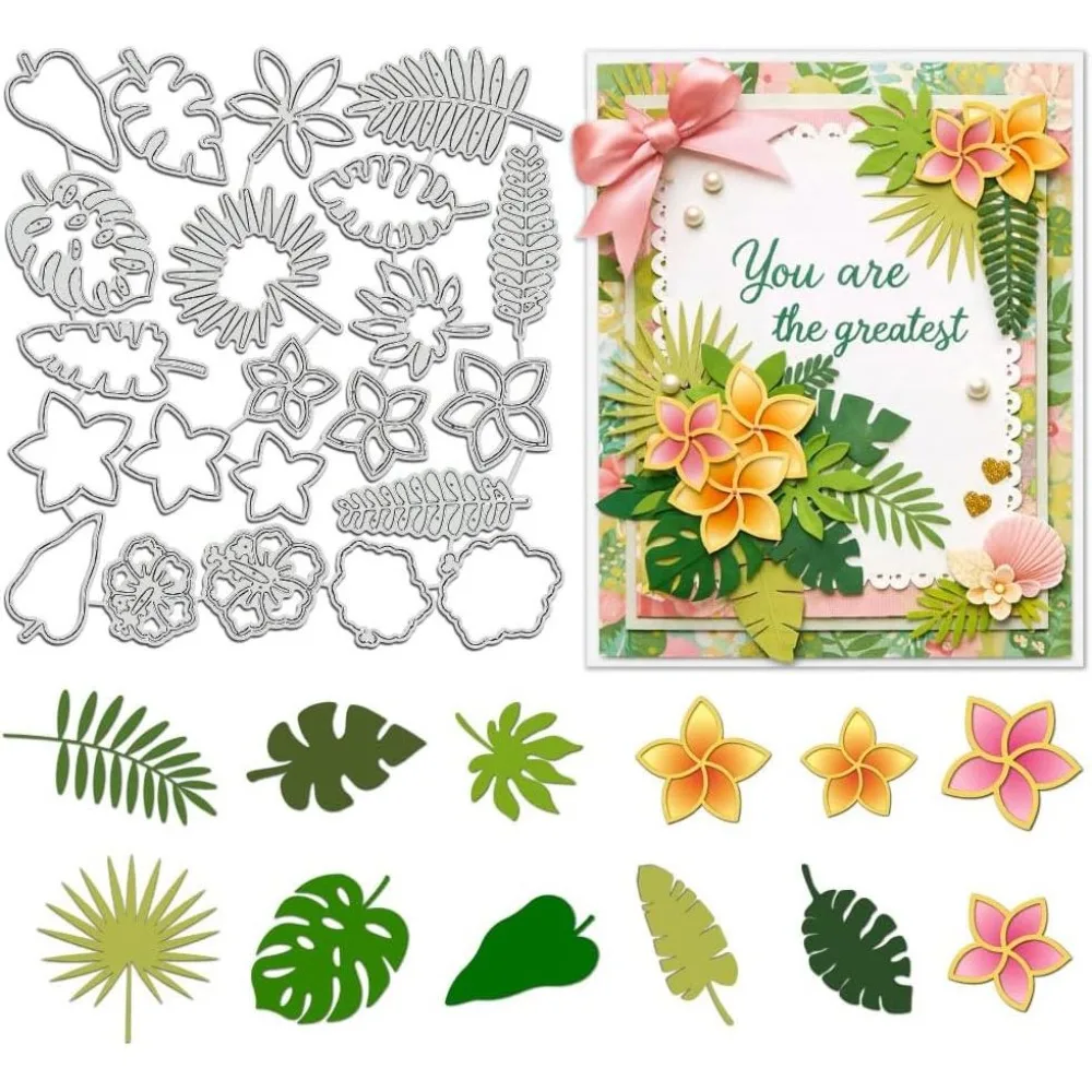 Tropical Palm Leaves Cutting Die for Making Reusable Carbon Plumeria Theme Embossing Stencils Template Die Cut for 6.81x6.3Inch