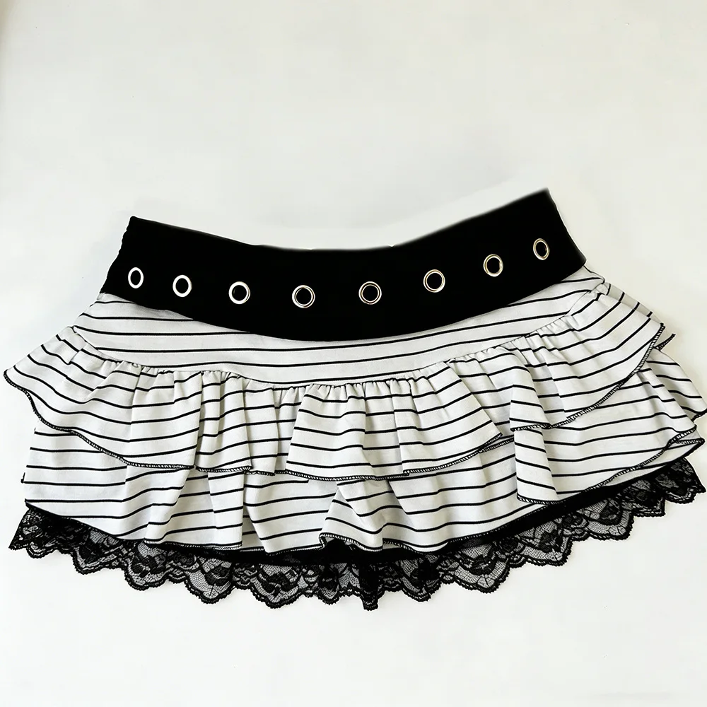 Punk Rivet waist Sweet Cool Hot Girl Striped Pattern Y2K Millennium Lace Edge Summer American Streetwear Versatile Mini skirts