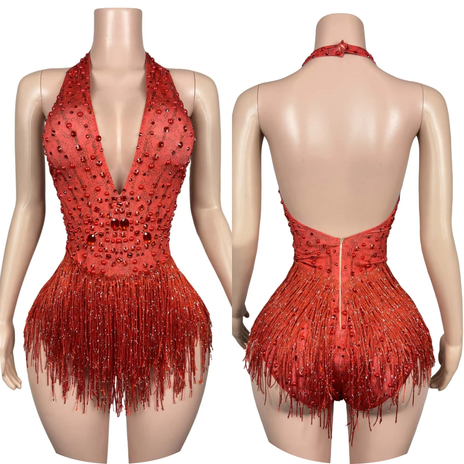 Sexy Deep V-neck Bodysuit Shiny Crystals Backless Bodysuit Hot Girls Party Dressing Nightclub Dance Stage Performance Wear Guabo