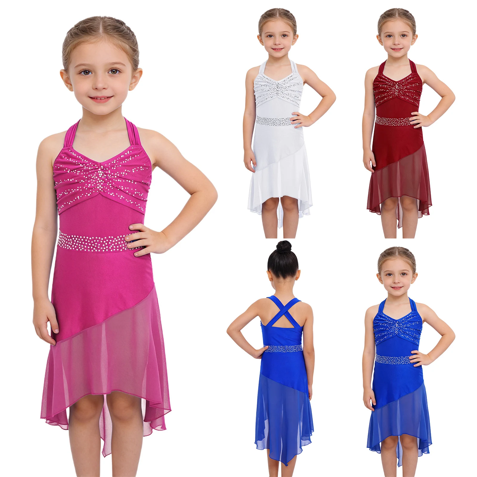 Kids Girls Ballroom Stage Dance Competition Dress Rhinestones High-Low Chiffon Hem Sheer Dress for Ballet Waltz Dance Outfits