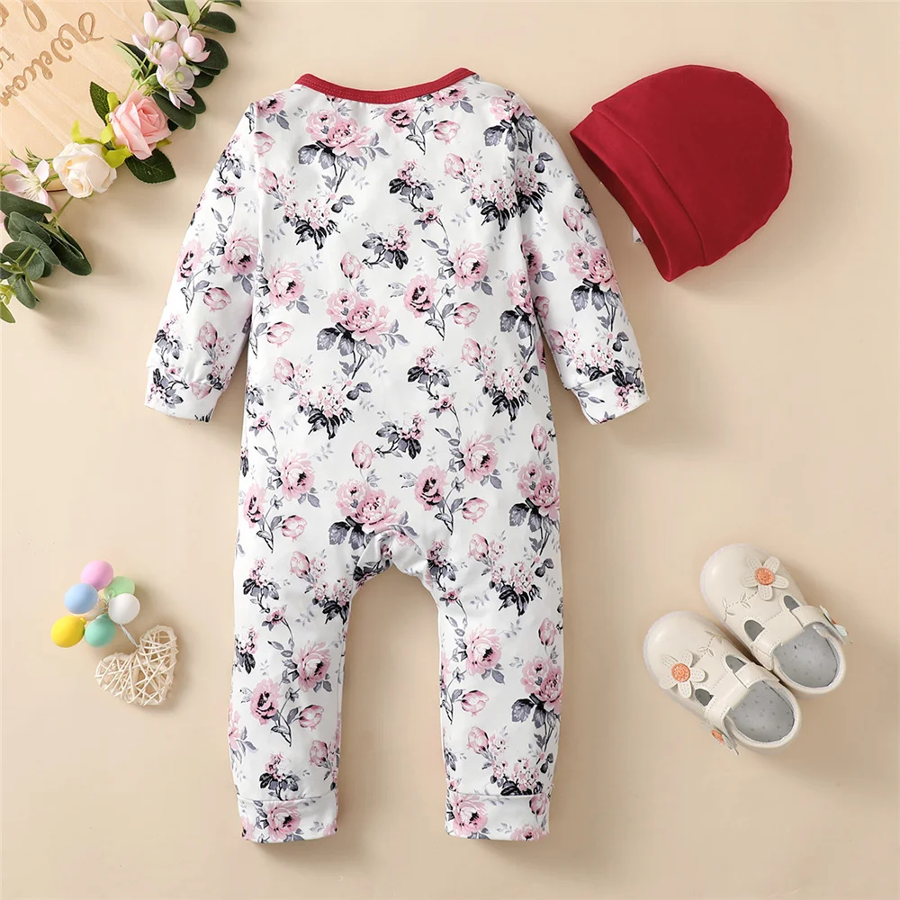 0-18 Months Newborn Baby Girl Romper Clothes Long Sleeve Flower Bodysuit Costume Lovely Baby Spring Jumpsuit Outfit with Hat