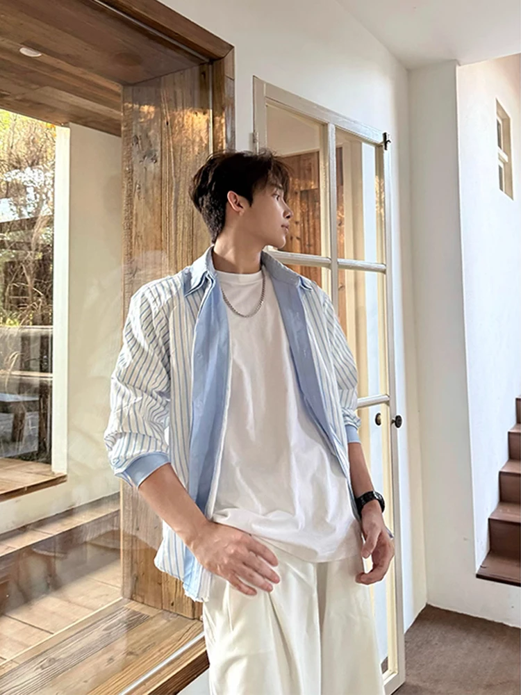 

Cleanfit Striped oulder Pad irt Men's Casual Sle Double Layer Collar Couple's Outerwear Autumn Design Loose Fit Long Sl...