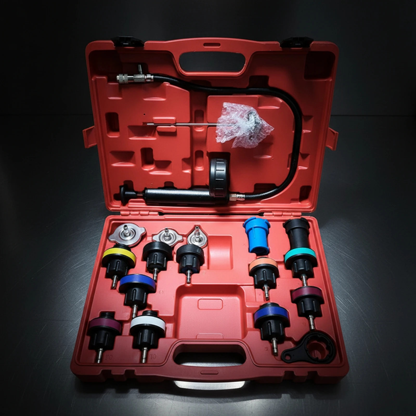 18 Pieces Cooling System Leak Tester Organized Storage Heater Pressure Tester with Hand Pump for Mechanics, Garages
