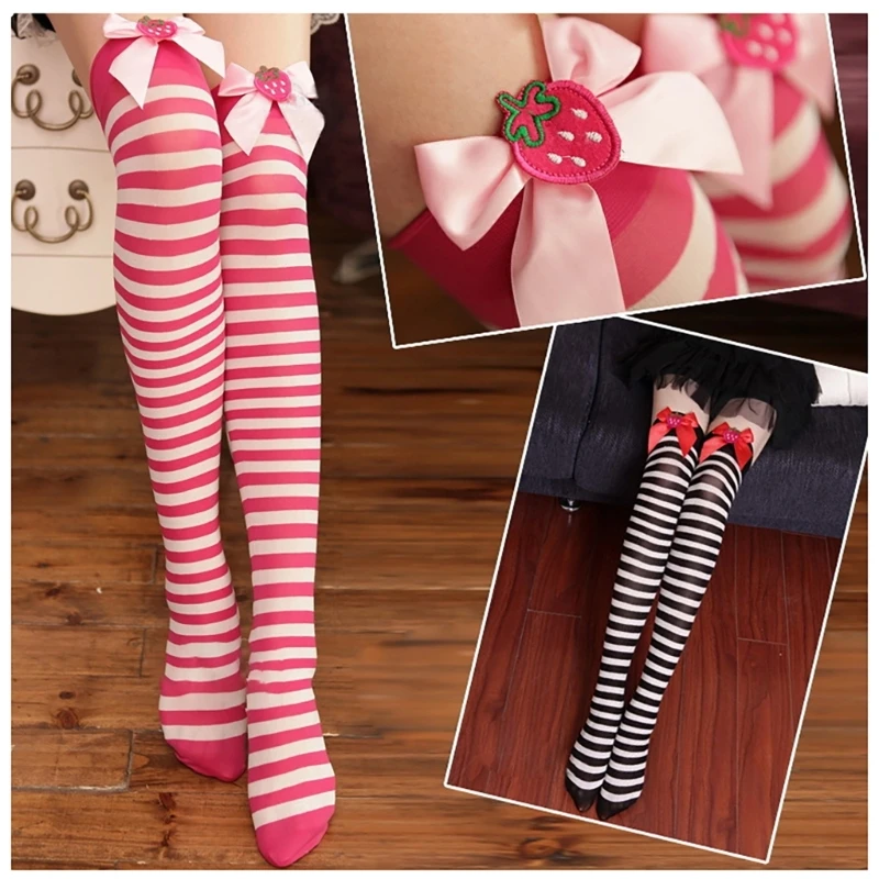 Y2K Girls Sweet Strawberry Bowknot Ribbed Over Knee Socks for Women Christmas Festivals Striped Thigh High Long Tube Stockings