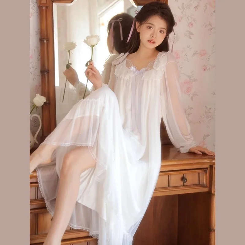 New White Lace Mesh Nightgown Long-sleeved Pajamas Women's Plus Size Pyajama Femme Dress Gifts Sleepdress Clothes Sleeping Woman