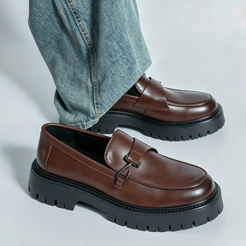Men Slip On Leather Loafers 4.5CM Height Boost Thick Sole Shoes Metal Decor Fashion Casual Business Anti Slip Formal Party Shoes