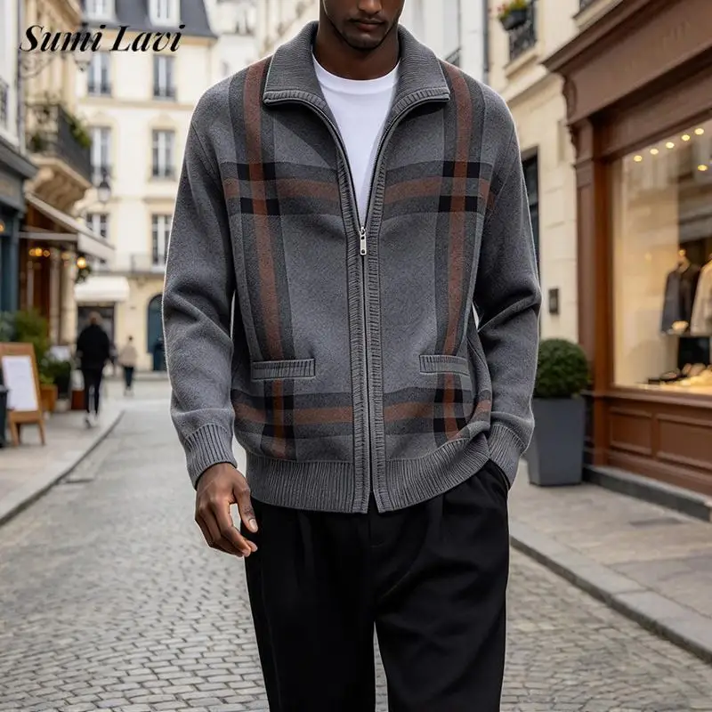 Daily Outdoor Zipper Warm Tops Mens 2026 Autumn Plaid Pattern Knitted Cardigan For Male Streetwear Vintage Business Casual