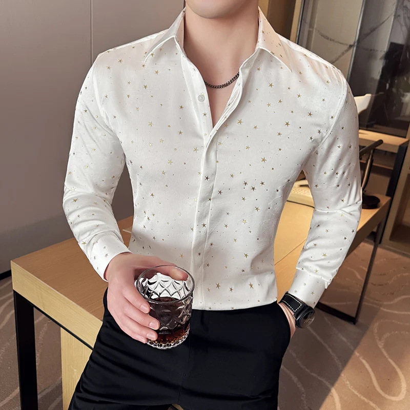 New Long Sleeved Golden Star Shirts for Men Autumn Spring Lapel Slim Fit Man Luxury Shirt Fashion Korean Version Club Prom Wear
