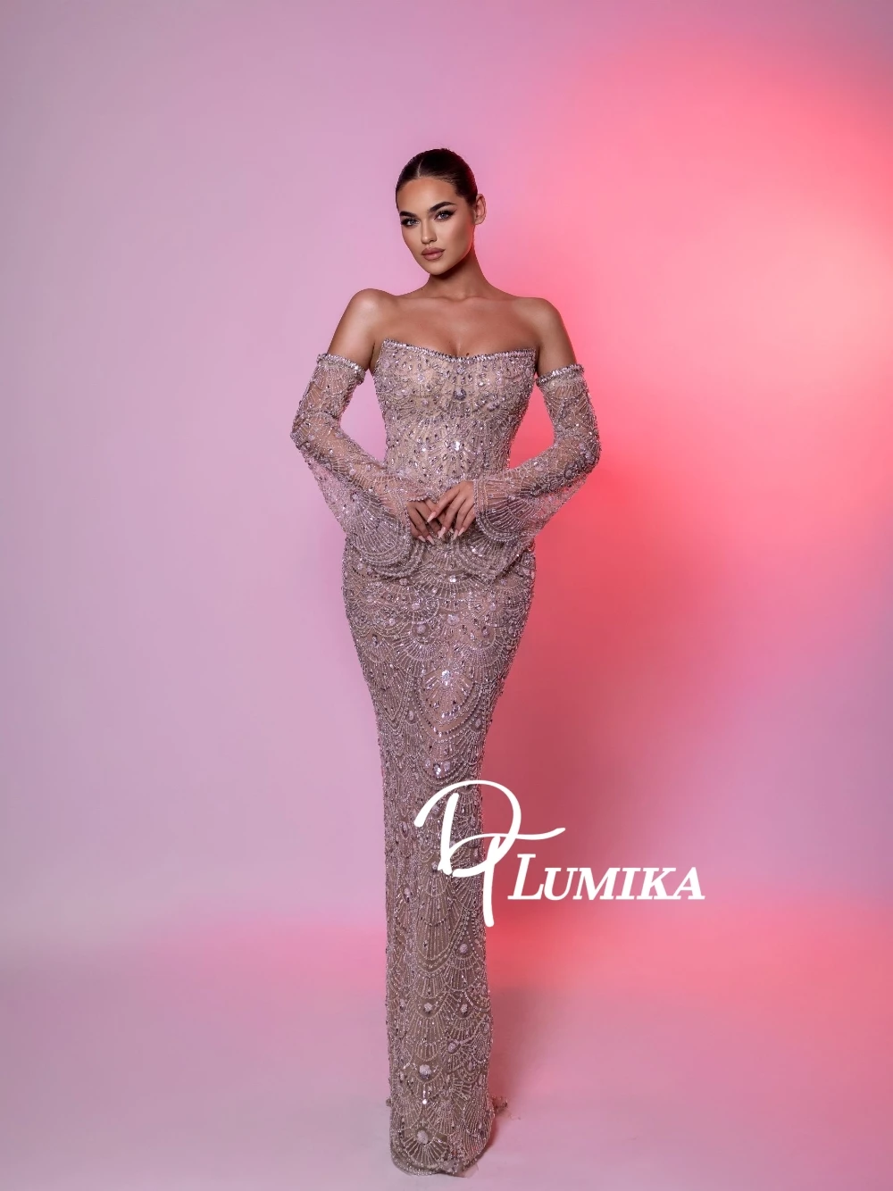 

Luxury Beaded Rhinestone Straight Evening Gown Off Shoulder Strapless Bell Sleeve Sheer Mesh Formal Dress Long Prom Wedding Wear