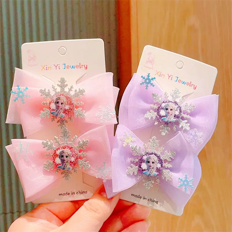 Frozen Children\'s Hair Accessories Cartoon Elsa Princess Mesh Bow Hairpin Headwear Girl Princess Tulle Skirt Clip Birthday Gift