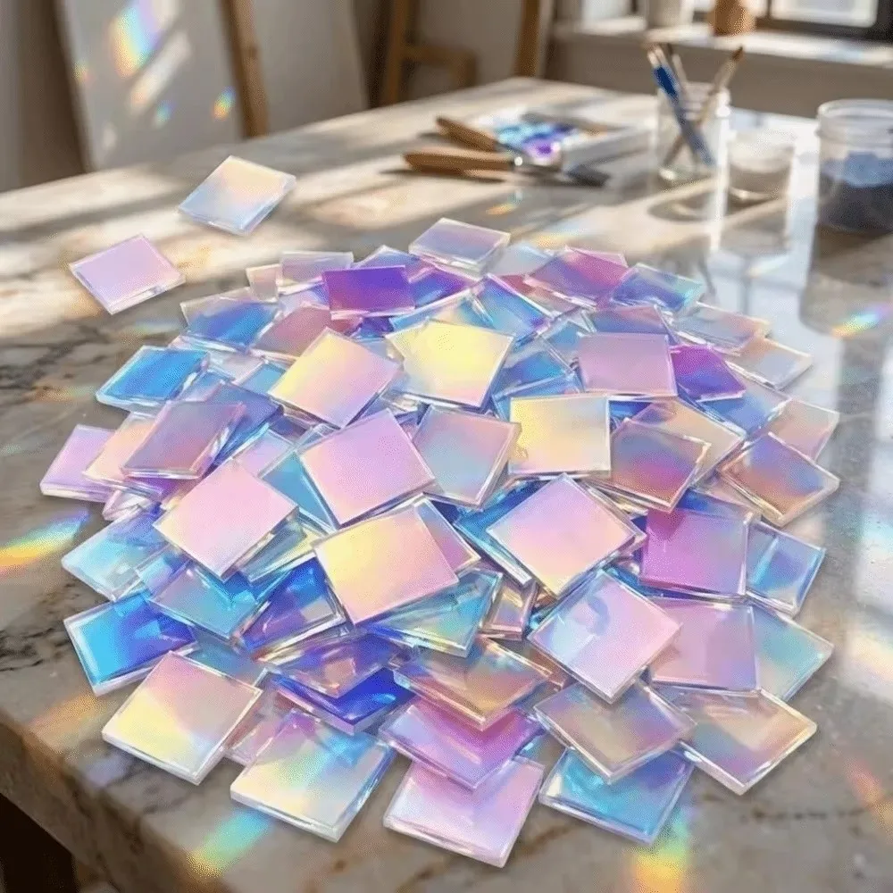 50pcs Rainbow Iridescent Mosaic Tiles Dual Tone Surface Acrylic Mosaic Squares Iridescent Finish Smooth Edges