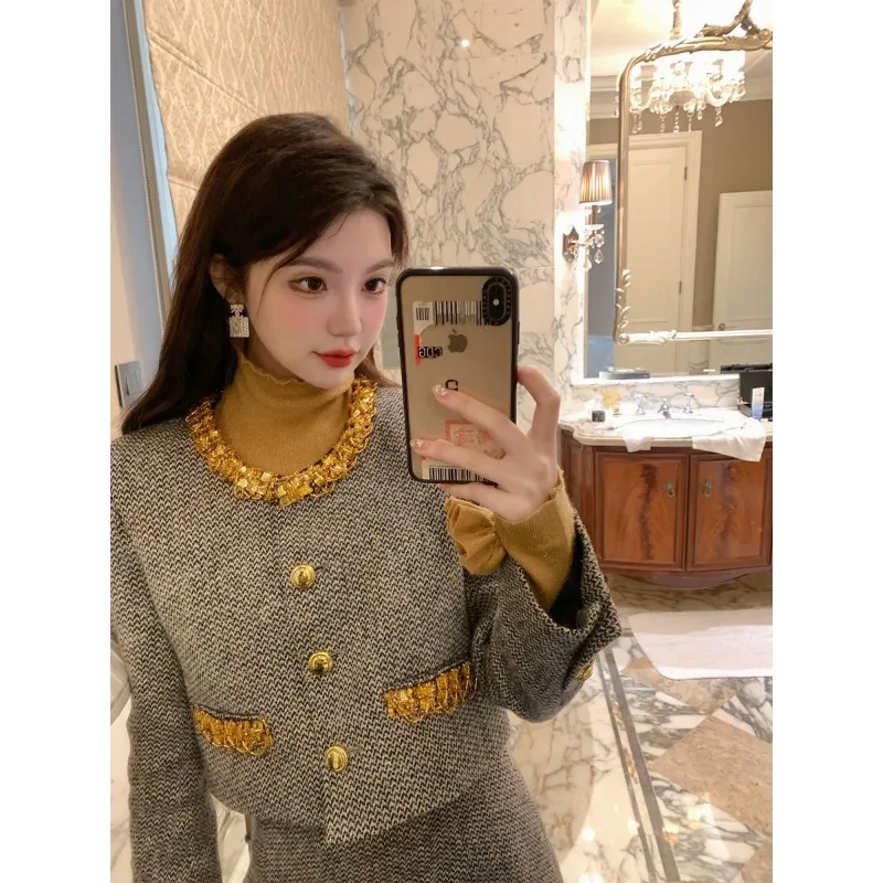 Celebrity Temperament Woolen Coat Skirt Two-piece Set Women Fashion Splice Edge Piping Fashion Single Breasted Autumn Slim Suit