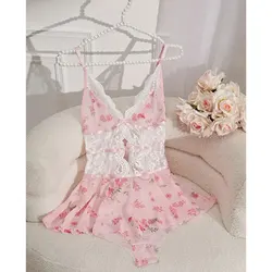 Floral Sheer Lace Deep V Bodysuits Transparent Hollow Mesh Patchwork Strap Slim Fit One Piece Bodysuits Sexy Women's Pajamas