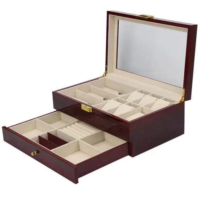 New Double Layer Watch Box Organizer Wooden Glasses Jewelry Brown Storage Box Drawer Big Watch Box Case Wood Display  Gift