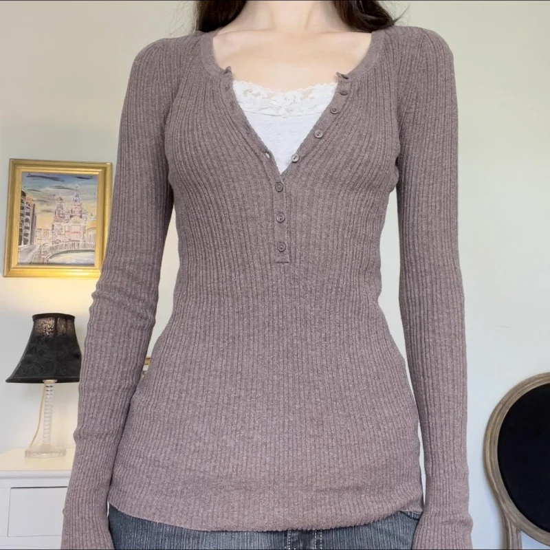 

Винтажный лоскутный вязаный свитер с длинными рукавами, топы, пуловеры в стиле милитари, гранж, эстетический гранж Y2k, трикотажные футболки для женщин