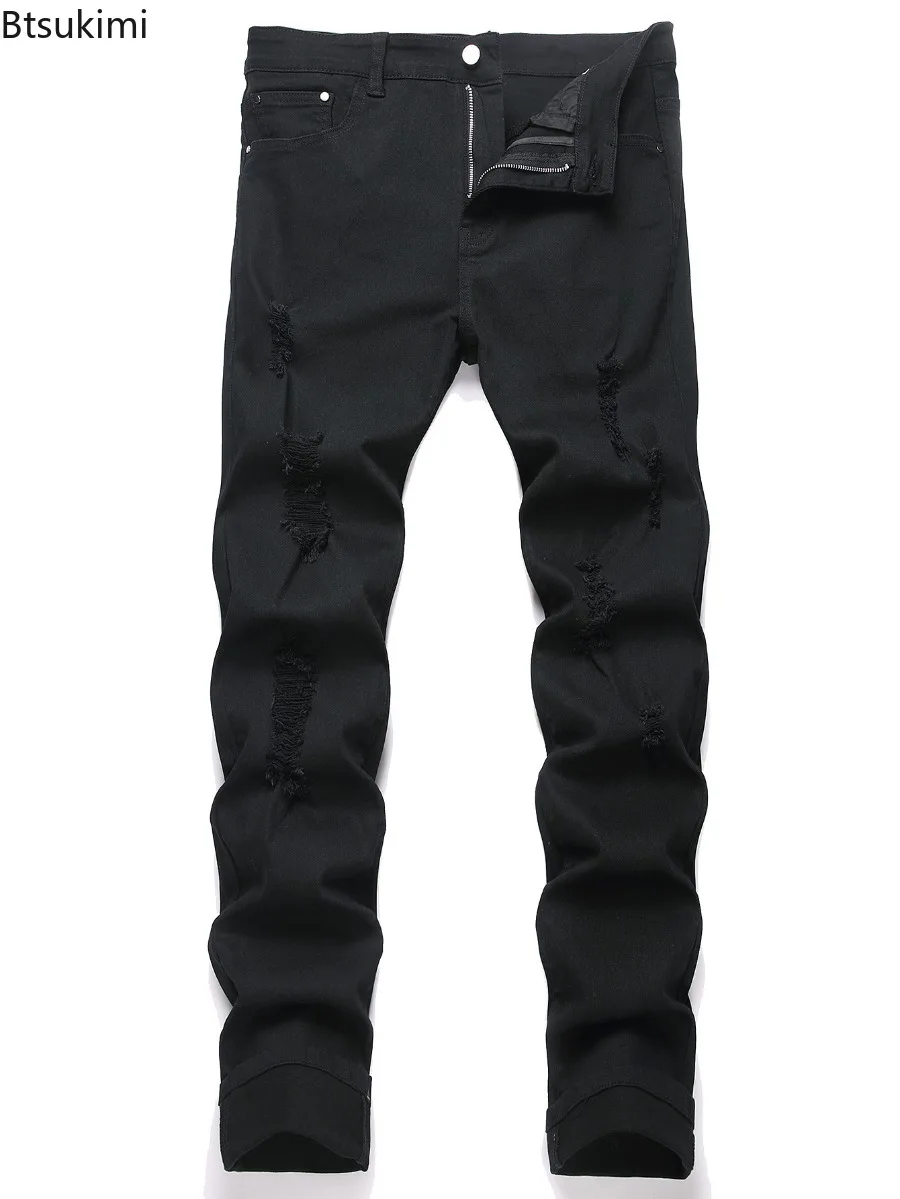 

New Men's Black Jeans American Style High Street Vintage Wash Distressed Hole Trousers Fashion Stretch Skinny Ripped Denim Pants