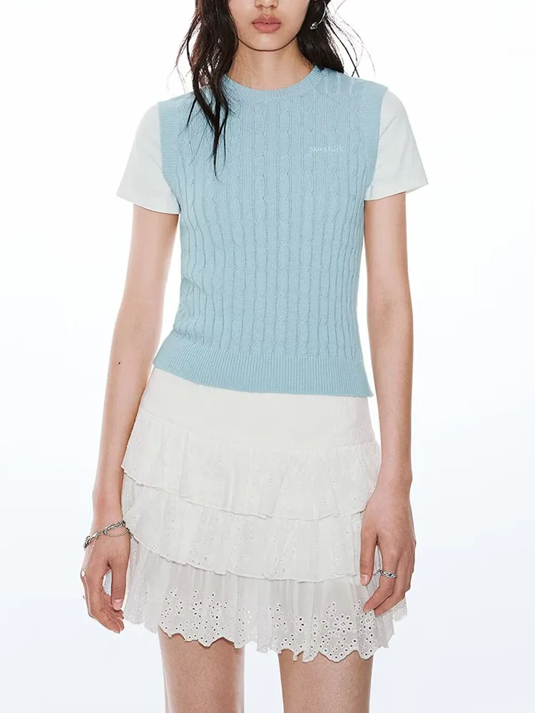 Fashionable Simple Color Block Knitted Sweater Spring New Arrival Women's round Neck Pullover French Style Twist Pattern