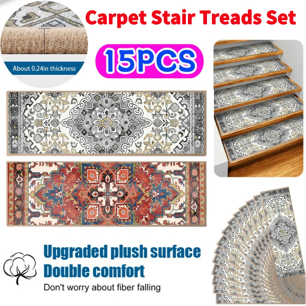 

15PCS Carpet Stair Treads Set Self-adhesive Backing Non Slip Indoor Stair Rugs Reusable Safety Mats Bohemian Stairway Carpet Rug