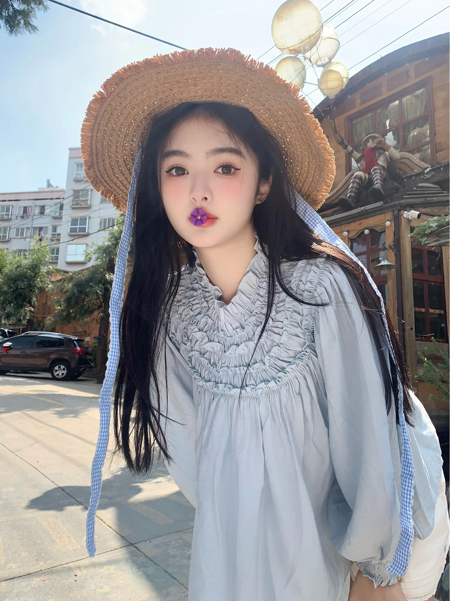 

Vanwenwen Blueberry Mousse Japanese Style Girl's Blue Shirt Women's Spring Versatile Sweet Wood Ear Loose Top