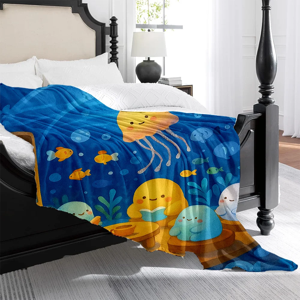 1pc, a Healing Ocean Creature And Jellyfish Library Printed Fleece Blanket, High-Weight Fleece Blanket, Skin-Friendly Warm Blank