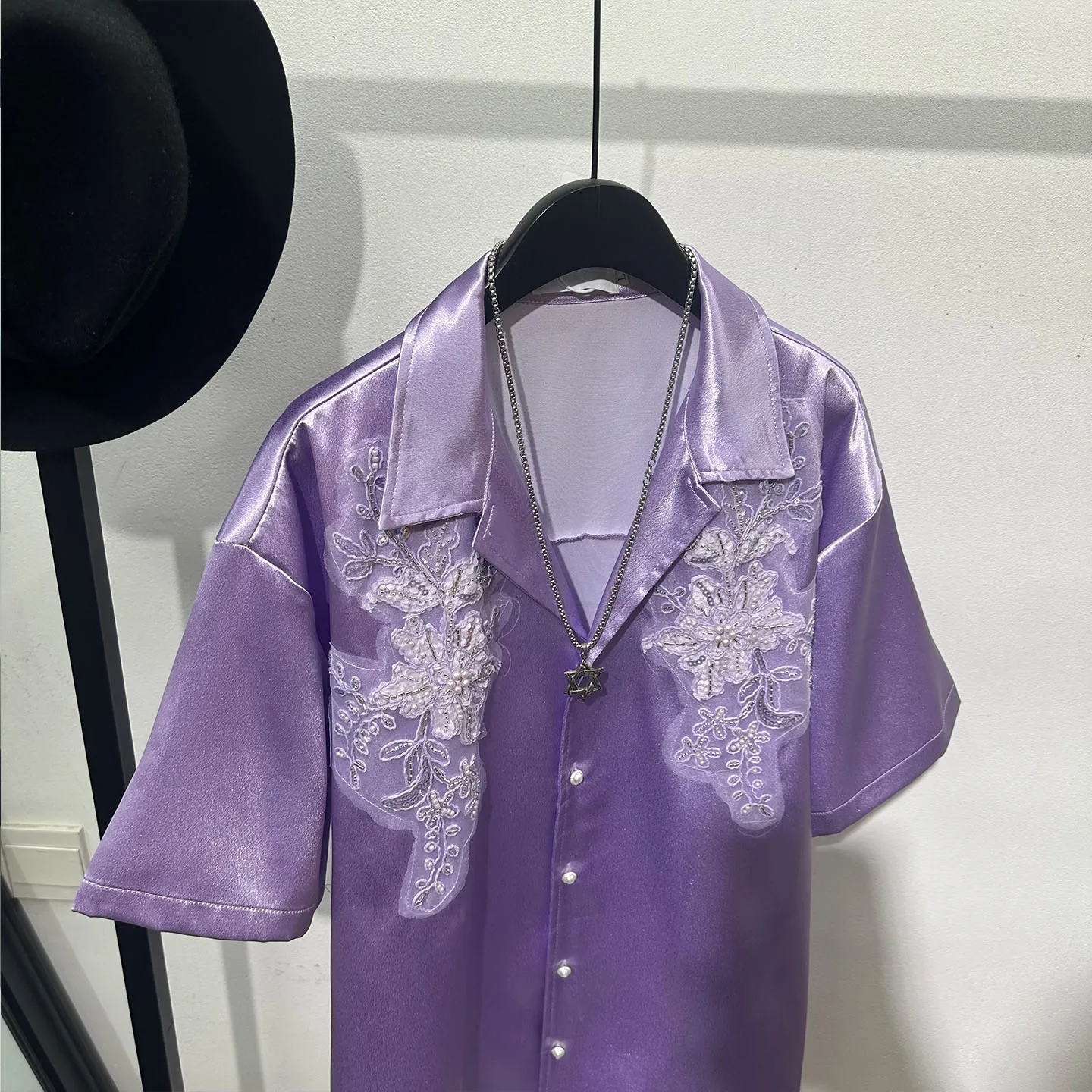 Cuban Collar Purple Loose Short Sleeve Shirt Men's Three-Dimensional Embroidery Beads Old Money Light Luxury Top Fashion