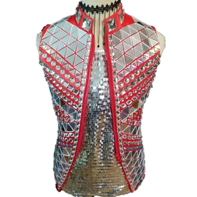 Handmade Men's Crystal Mirror Lens Vest Cool Slim Performance Jacket Nightclub Male Singer Dancer Show Stage Outfit Costumes PA3