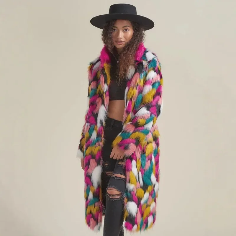 

Женская куртка из искусственного меха радужного цвета, винтажное пальто с длинными рукавами, пушистая осенне-зимняя экологически чистая верхняя одежда из лисьего меха