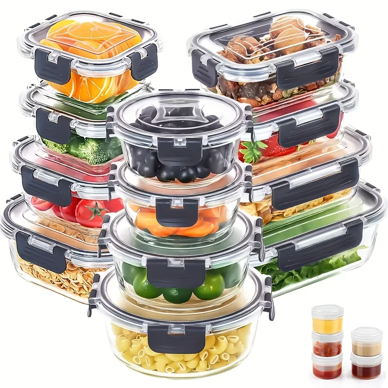us24pcs Contenants de stockage en verre avec couvercles |   Boîtes bento hermétiques anti-fuite (12 contenants, 12 couvercles) pour micro-ondes, four, congélateur et lave-vaisselle |   Fermeture à clipser, compatible micro-ondes, cadeau de vacances idéal pour la famille et les amis