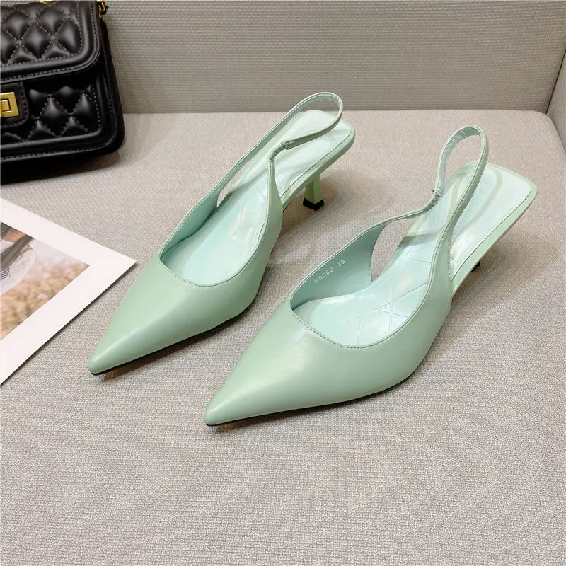 Korea Women Pointed Toe Stiletto Heel Sandals Women\'s Back Empty Shallow Single Shoes 2022 New Summer Girls Mid-heel White Pumps